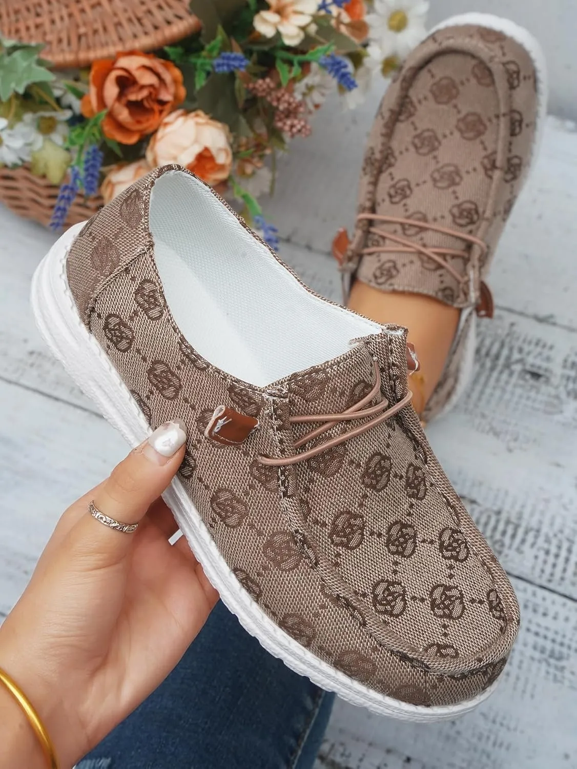 Women's Floral Pattern Slip-on Canvas Flat Loafer Shoes Round Toe Classic Design Casual Sport Sneakers with Laces Lightweight and Breathable Four Seasons,Pink/Blue/Brown