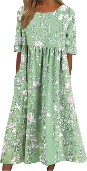 Womens Flower Print Short Sleeve Boho Dress Summer Pleated A-line Beach Dresses Patchwork Short Sleeve Sundress