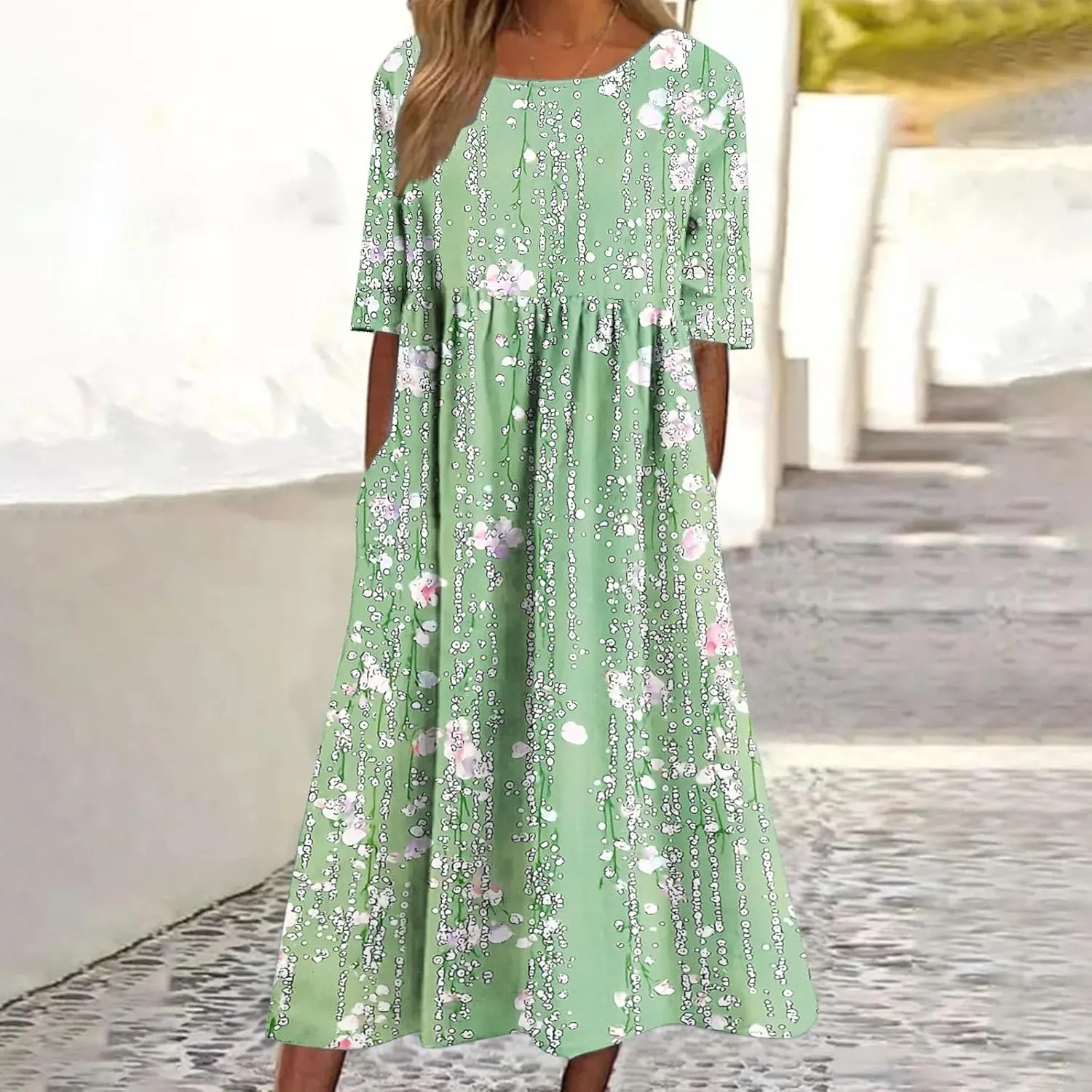 Womens Flower Print Short Sleeve Boho Dress Summer Pleated A-line Beach Dresses Patchwork Short Sleeve Sundress