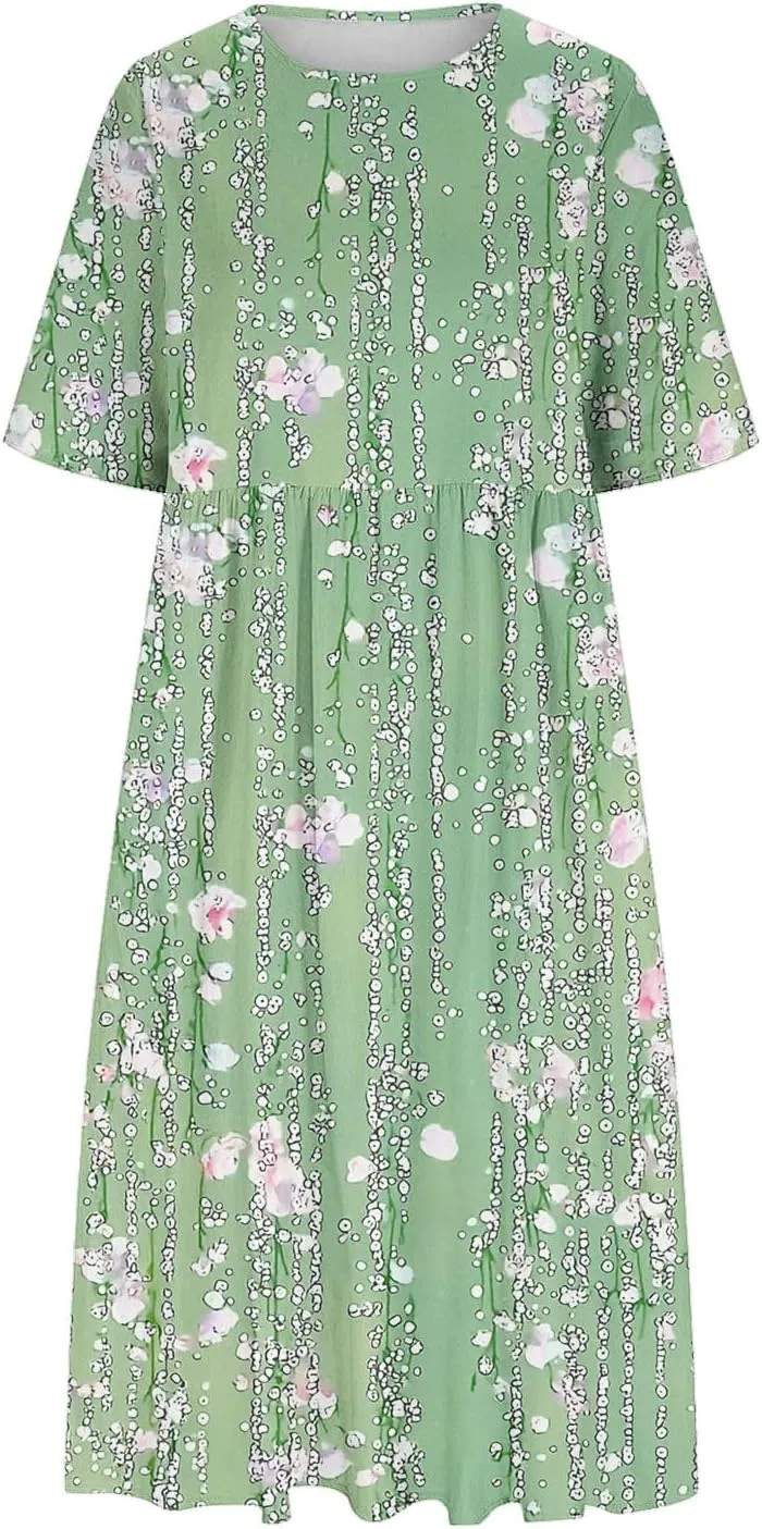Womens Flower Print Short Sleeve Boho Dress Summer Pleated A-line Beach Dresses Patchwork Short Sleeve Sundress
