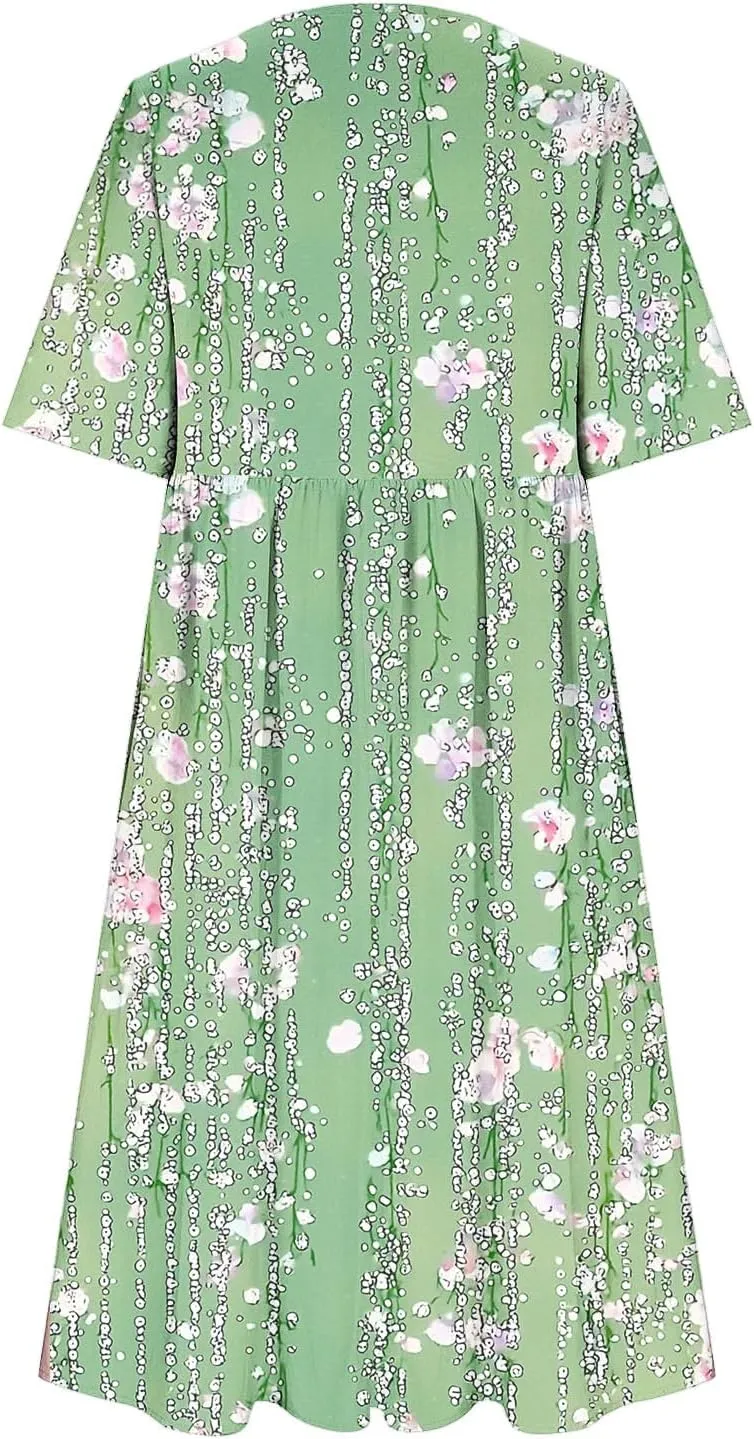 Womens Flower Print Short Sleeve Boho Dress Summer Pleated A-line Beach Dresses Patchwork Short Sleeve Sundress