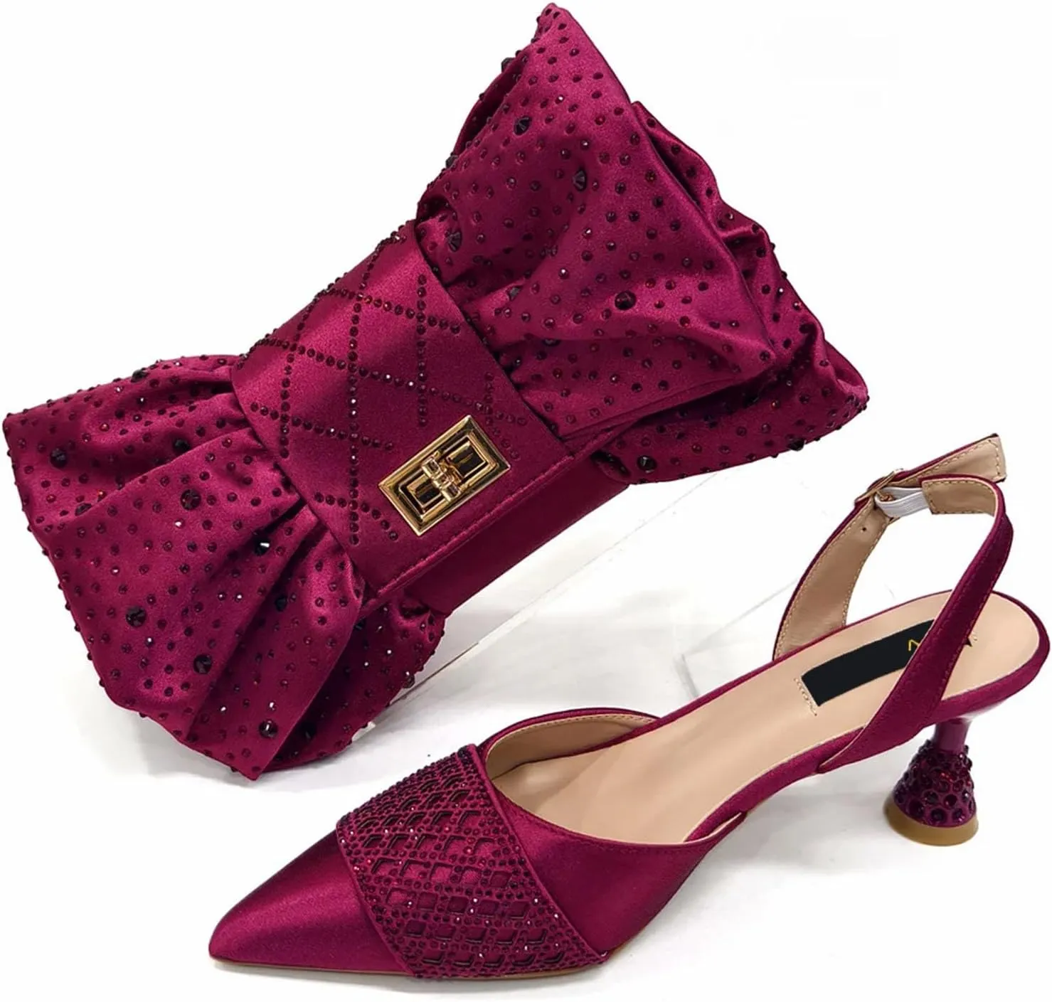 Women's Fuchsia African-Italian Fusion Set - Satin Bow-Embellished Pumps & Floral Appliqué Clutch for Spring Weddings