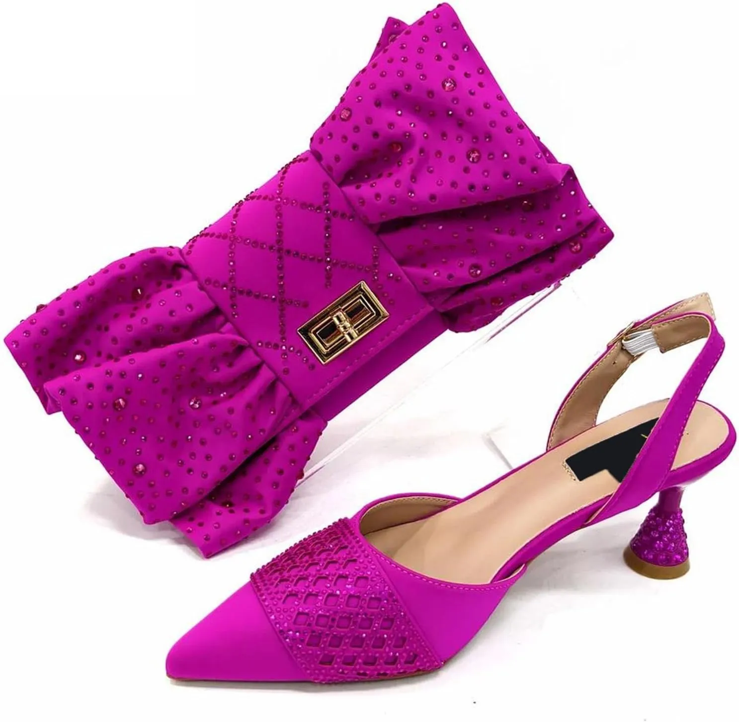 Women's Fuchsia African-Italian Fusion Set - Satin Bow-Embellished Pumps & Floral Appliqué Clutch for Spring Weddings
