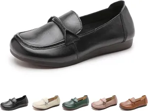 Women's Genuine Leather Slip-On Penny Loafers,Classic Round Toe Casual Walking Moccasin Flats,Comfortable Soft Sole Non-Slip Driving Work Shoes