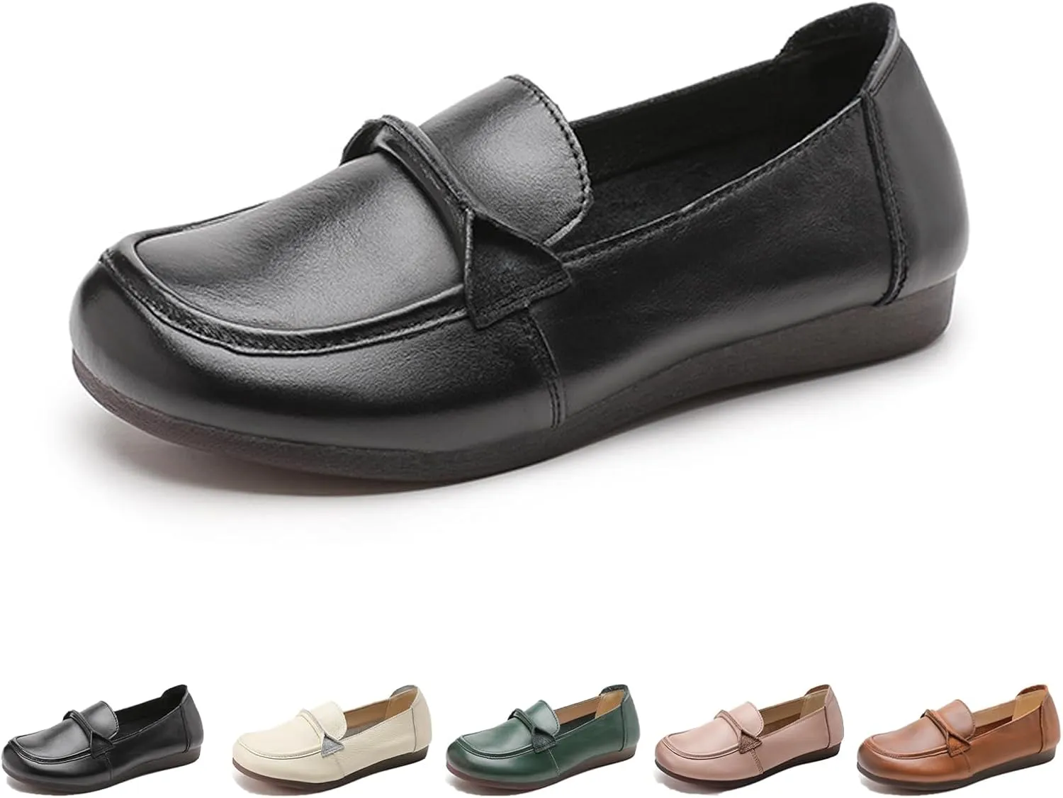 Women's Genuine Leather Slip-On Penny Loafers,Classic Round Toe Casual Walking Moccasin Flats,Comfortable Soft Sole Non-Slip Driving Work Shoes