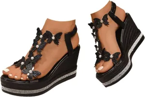 Women's High Heel Wedge Sandals Rhinestone Platform Fashionable Butterfly Decor Cute Women Slides Open Toe Transparent Elastic Strap Sandals Thick Soled T Strap Thongs Shoes Boho Summer Beach