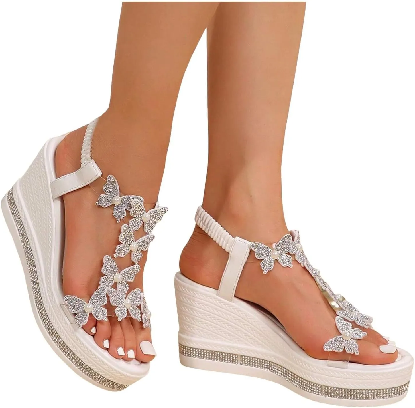 Women's High Heel Wedge Sandals Rhinestone Platform Fashionable Butterfly Decor Cute Women Slides Open Toe Transparent Elastic Strap Sandals Thick Soled T Strap Thongs Shoes Boho Summer Beach