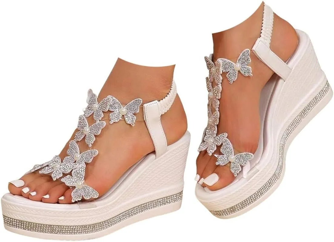 Women's High Heel Wedge Sandals Rhinestone Platform Fashionable Butterfly Decor Cute Women Slides Open Toe Transparent Elastic Strap Sandals Thick Soled T Strap Thongs Shoes Boho Summer Beach