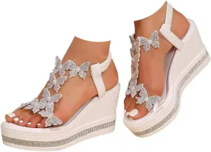 Women's High Heel Wedge Sandals Rhinestone Platform Fashionable Butterfly Decor Cute Women Slides Open Toe Transparent Elastic Strap Sandals Thick Soled T Strap Thongs Shoes Boho Summer Beach