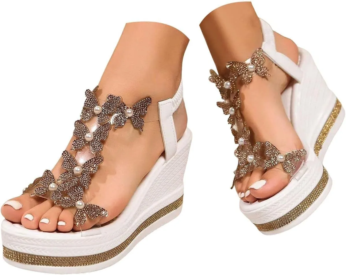 Women's High Heel Wedge Sandals Rhinestone Platform Fashionable Butterfly Decor Cute Women Slides Thick Soled Open Toe T Strap Thongs Shoes with Transparent Elastic Strap Boho Summer Beach