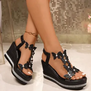 Women's High Heel Wedge Sandals Rhinestone Platform Fashionable Butterfly Decor Cute Women Slides Thick Soled Open Toe T Strap Thongs Shoes with Transparent Elastic Strap Boho Summer Beach