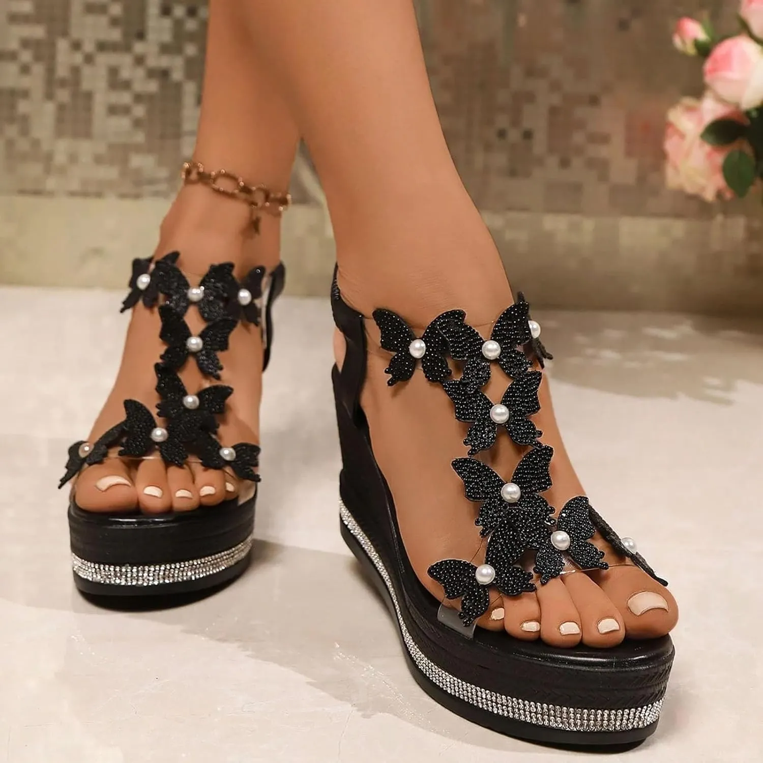 Women's High Heel Wedge Sandals Rhinestone Platform Fashionable Butterfly Decor Cute Women Slides Thick Soled Open Toe T Strap Thongs Shoes with Transparent Elastic Strap Boho Summer Beach