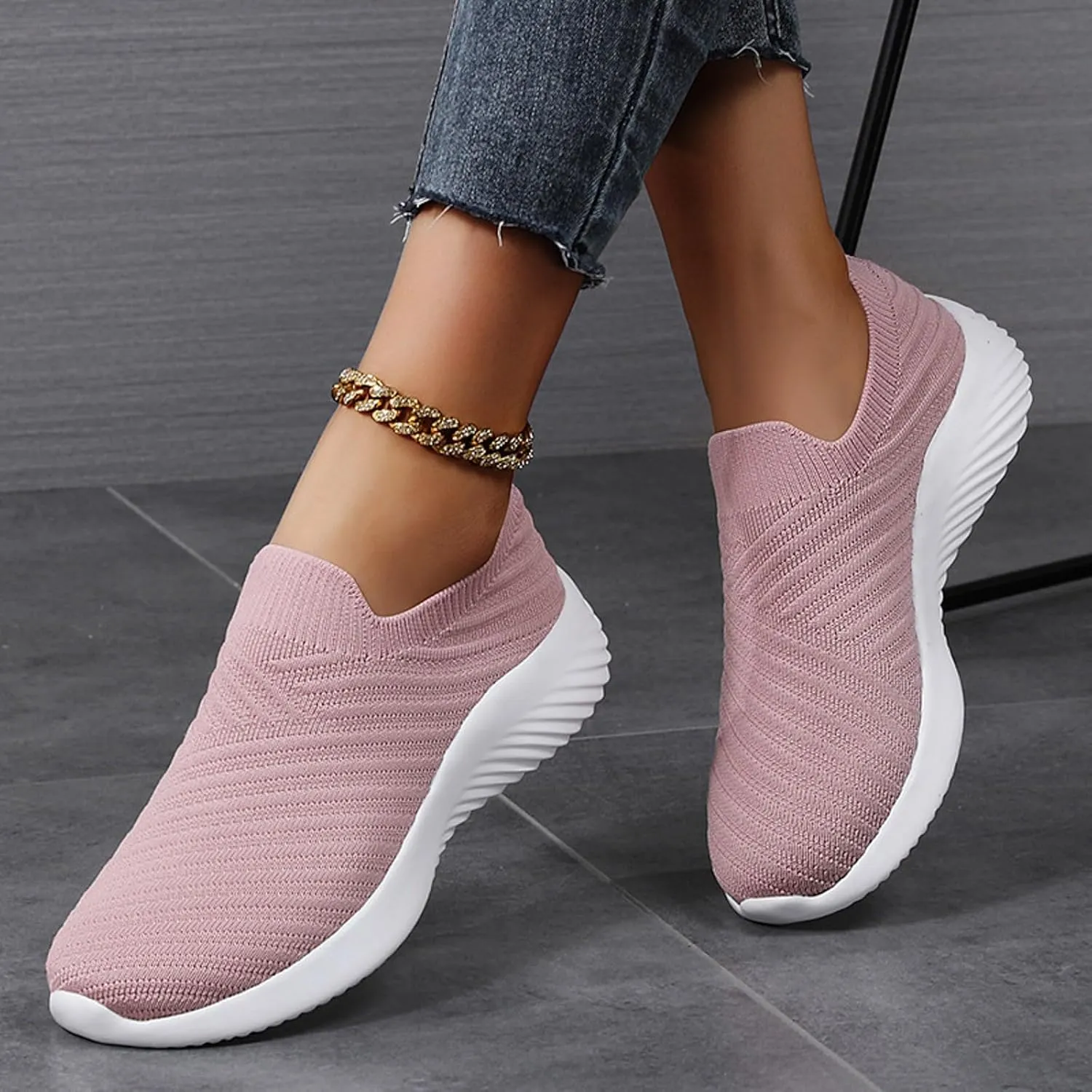 Women's Knit Slip-On Athletic Shoes - Lightweight Breathable Sneakers Cushioned Comfort Sock Shoes, Slip on Walking Shoes for Running, Gym, Tennis, Workout, Travel and Casual Wear