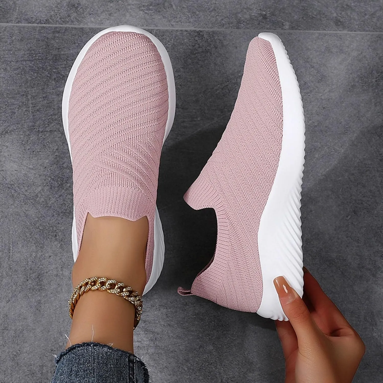 Women's Knit Slip-On Athletic Shoes - Lightweight Breathable Sneakers Cushioned Comfort Sock Shoes, Slip on Walking Shoes for Running, Gym, Tennis, Workout, Travel and Casual Wear