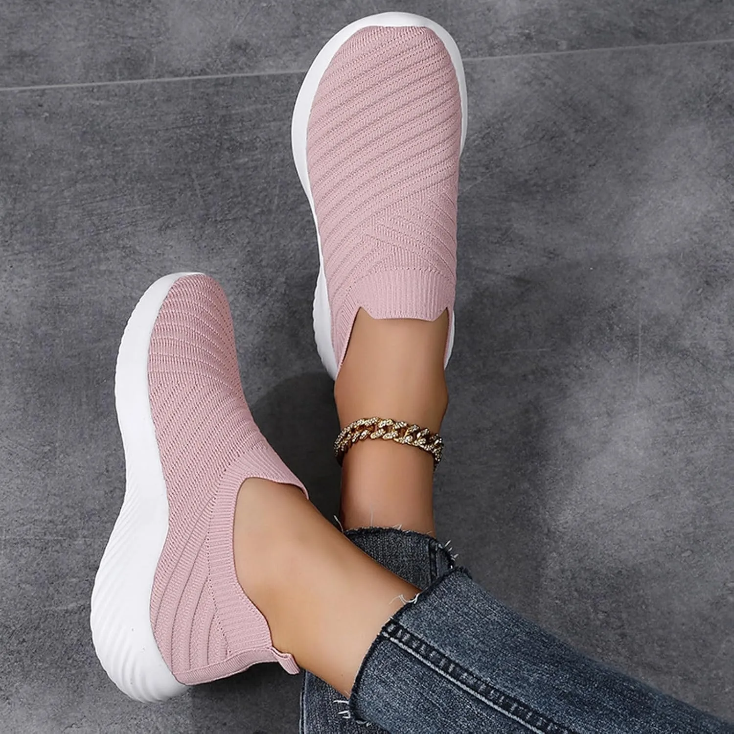 Women's Knit Slip-On Athletic Shoes - Lightweight Breathable Sneakers Cushioned Comfort Sock Shoes, Slip on Walking Shoes for Running, Gym, Tennis, Workout, Travel and Casual Wear
