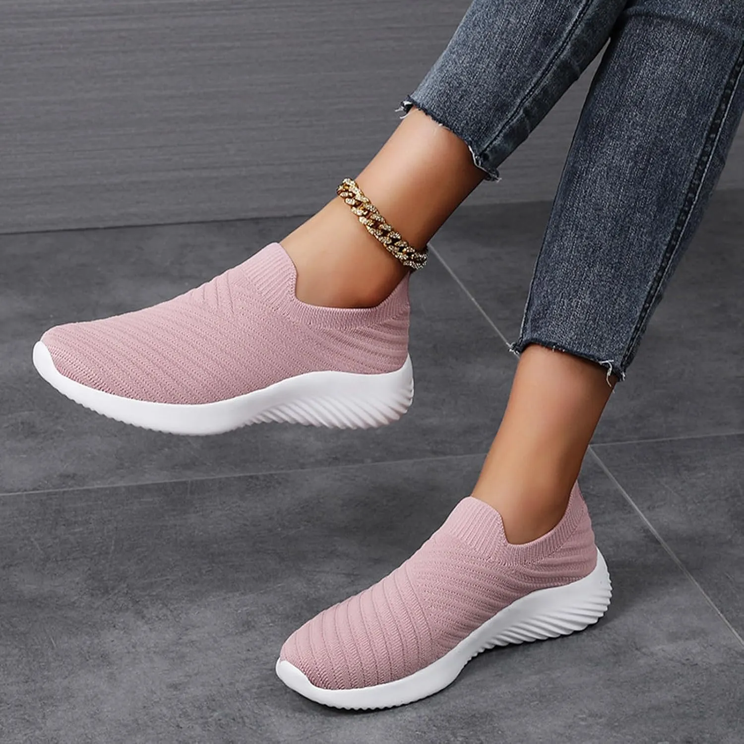 Women's Knit Slip-On Athletic Shoes - Lightweight Breathable Sneakers Cushioned Comfort Sock Shoes, Slip on Walking Shoes for Running, Gym, Tennis, Workout, Travel and Casual Wear