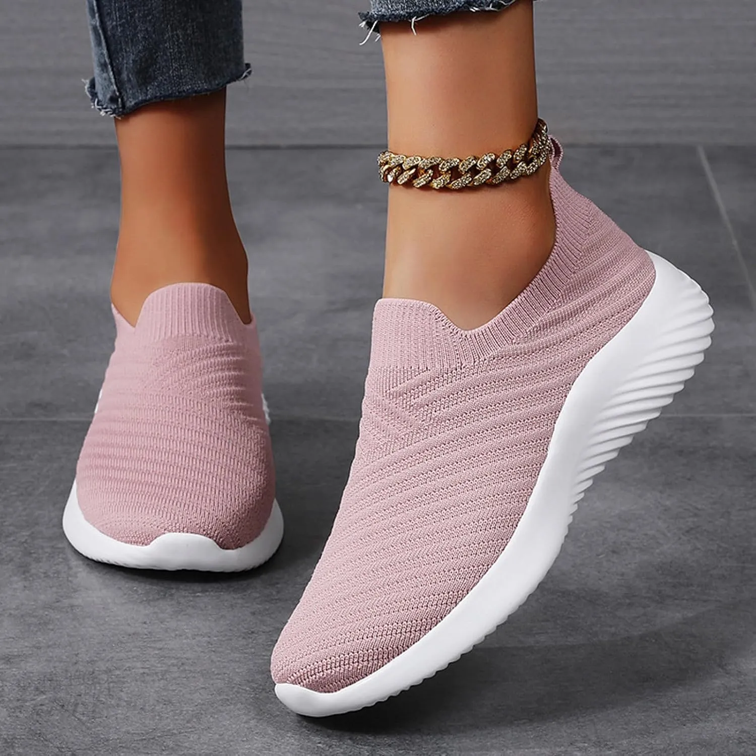 Women's Knit Slip-On Athletic Shoes - Lightweight Breathable Sneakers Cushioned Comfort Sock Shoes, Slip on Walking Shoes for Running, Gym, Tennis, Workout, Travel and Casual Wear