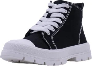 Women's Lace Up High Top Platform Black Canvas Sneaker, Classic Trendy Side Zipper Casual Walking Shoes