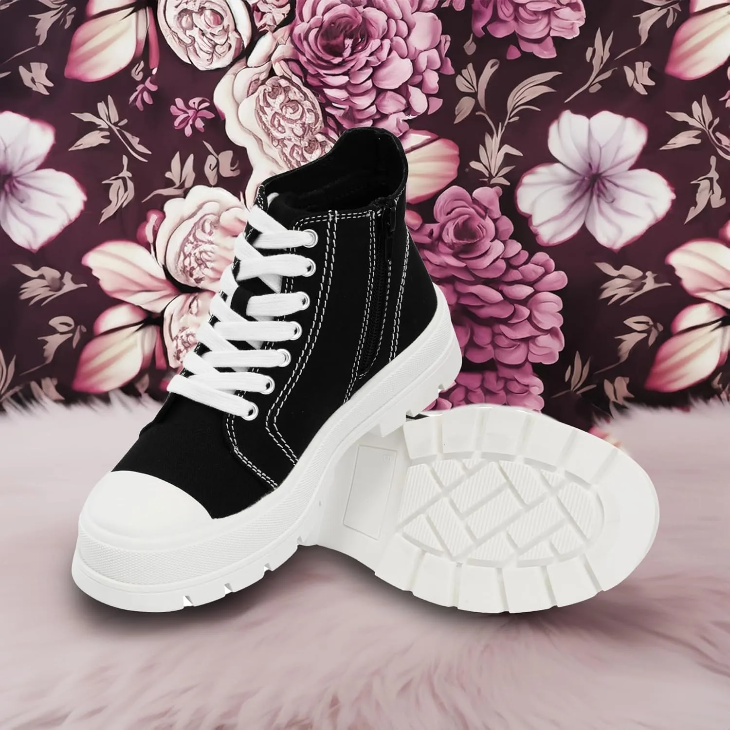 Women's Lace Up High Top Platform Black Canvas Sneaker, Classic Trendy Side Zipper Casual Walking Shoes