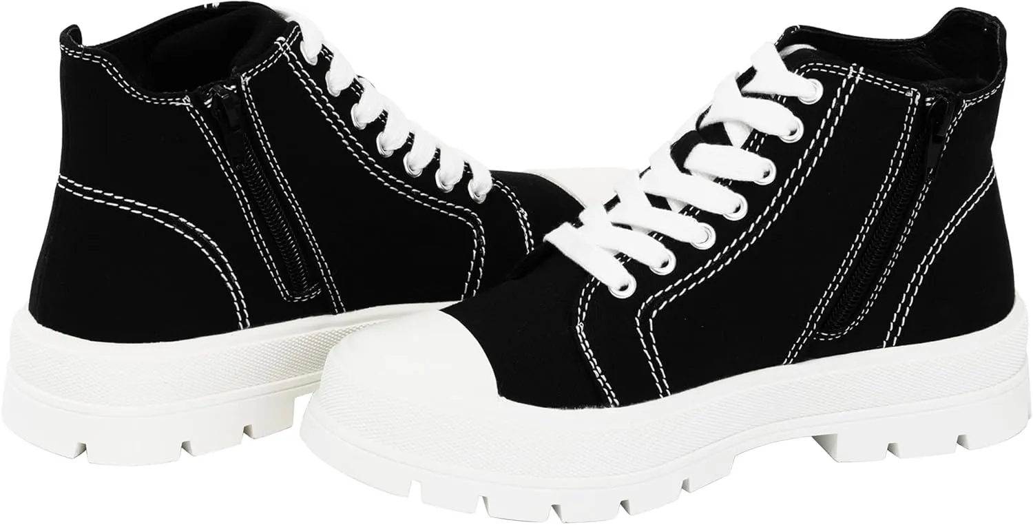 Women's Lace Up High Top Platform Black Canvas Sneaker, Classic Trendy Side Zipper Casual Walking Shoes