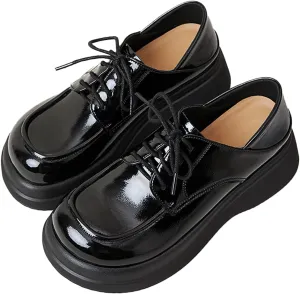 Women's Leather Chunky Platform Oxfords Fashion Wide Round Toe Platform Lace-Up Loafers Dress Shoe for Daily Outdoor Work Casual Walking Shoes