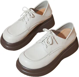 Women's Leather Chunky Platform Oxfords Fashion Wide Round Toe Platform Lace-Up Loafers Dress Shoe for Daily Outdoor Work Casual Walking Shoes