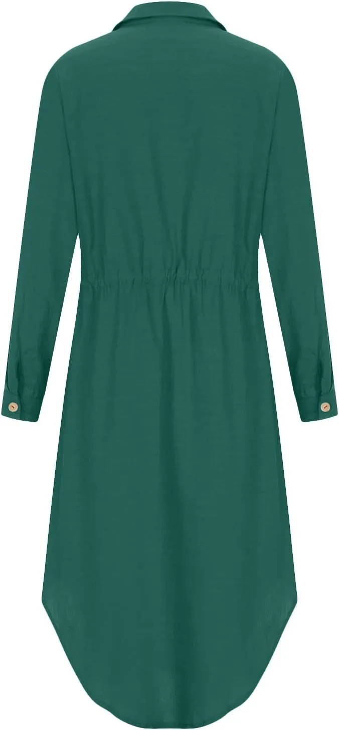 Women's Long Sleeve Cotton Linen Sundress Button Up Lightweight Midi Dresses Flowy Trendy Long Dress
