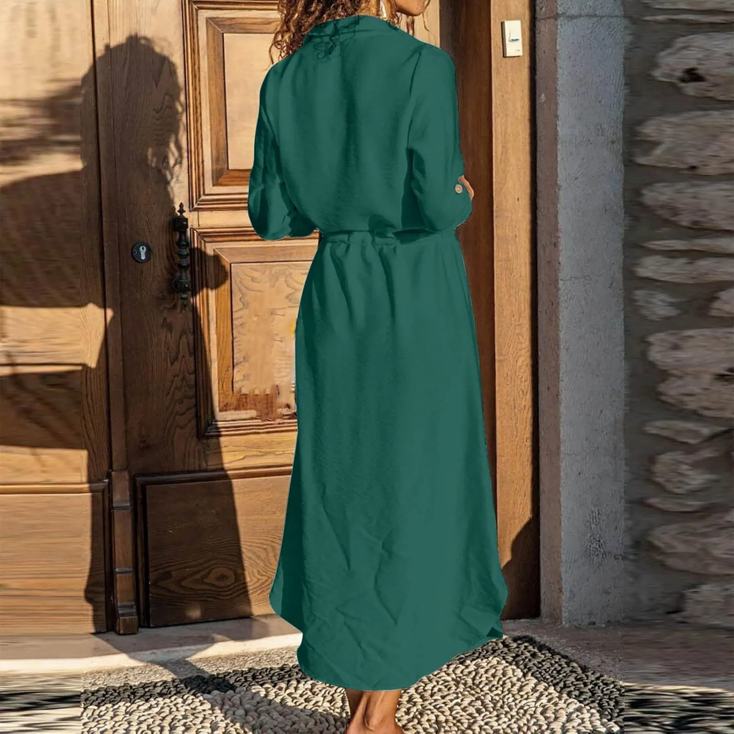 Women's Long Sleeve Cotton Linen Sundress Button Up Lightweight Midi Dresses Flowy Trendy Long Dress