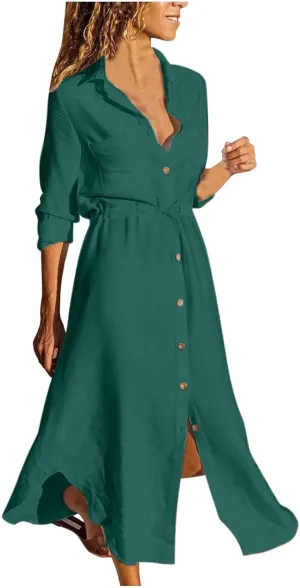 Women's Long Sleeve Cotton Linen Sundress Button Up Lightweight Midi Dresses Flowy Trendy Long Dress