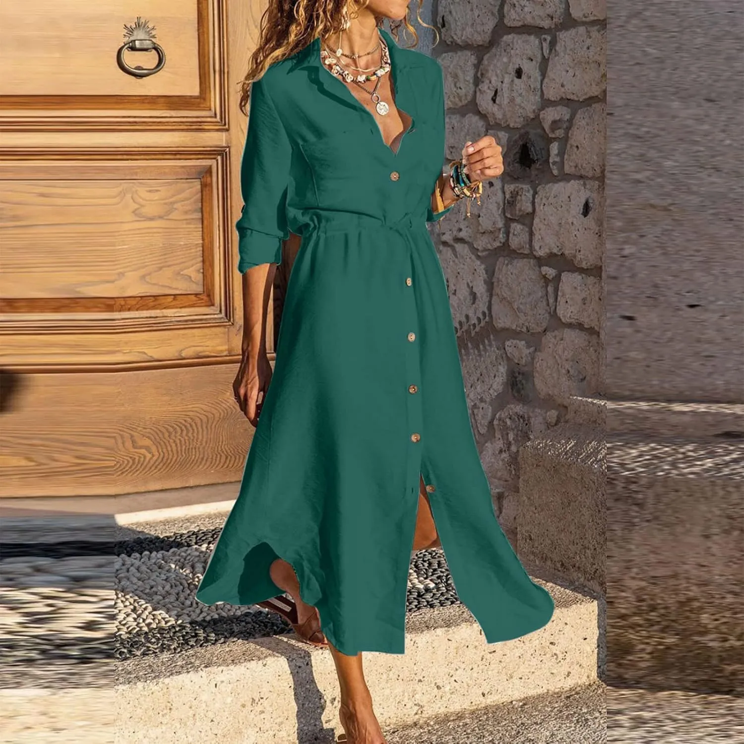 Women's Long Sleeve Cotton Linen Sundress Button Up Lightweight Midi Dresses Flowy Trendy Long Dress