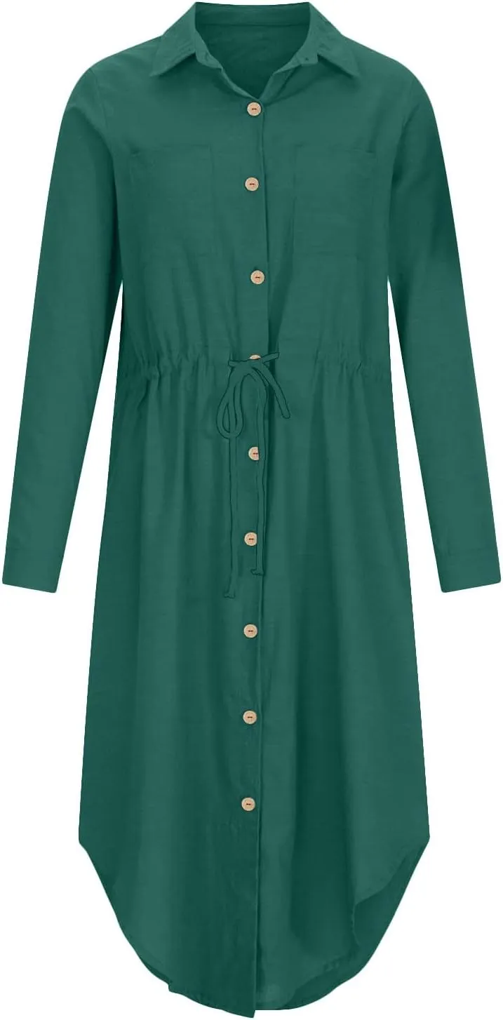 Women's Long Sleeve Cotton Linen Sundress Button Up Lightweight Midi Dresses Flowy Trendy Long Dress