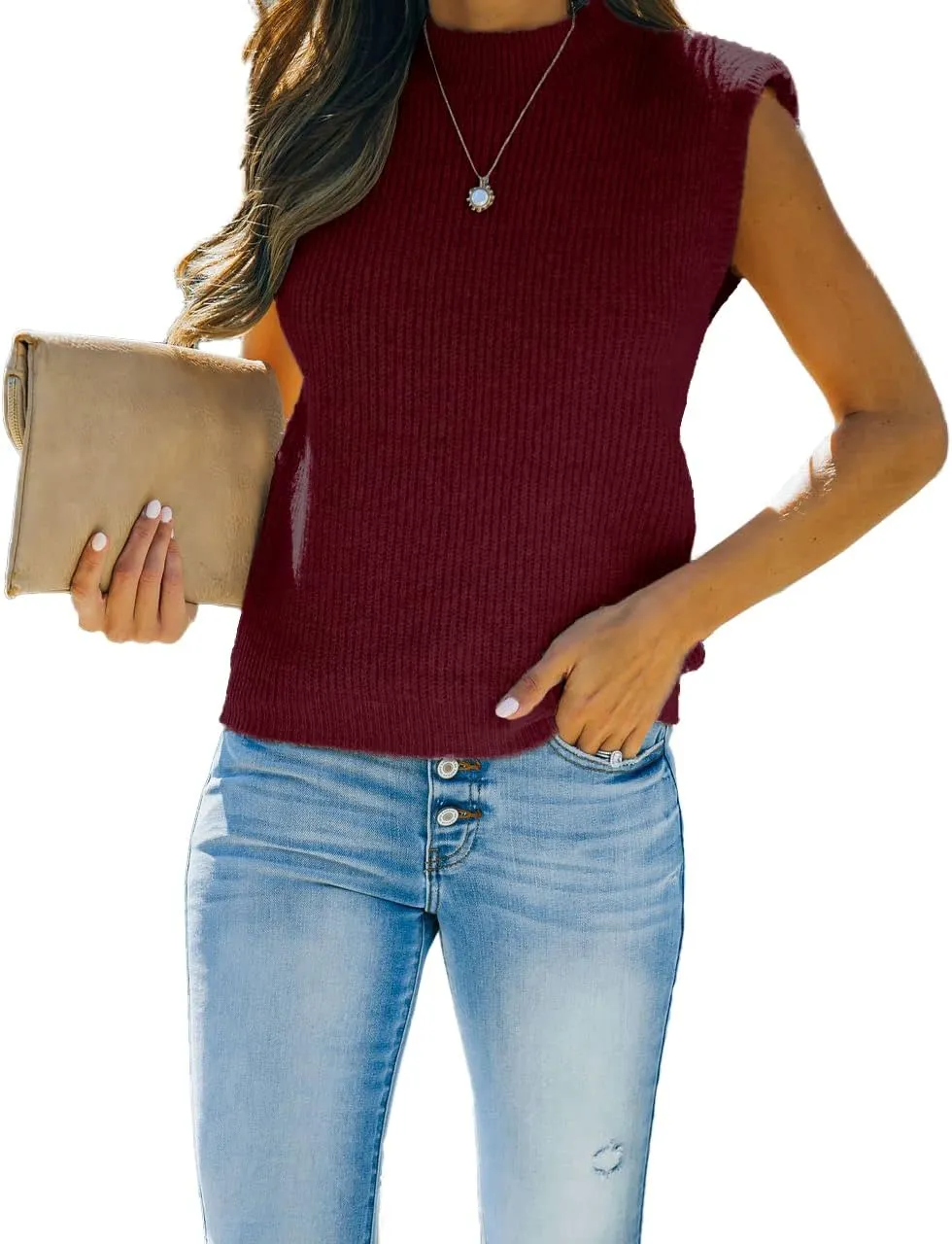 Women's Mock Neck Knit Sweater Vest Sleeveless Casual Trendy Summer Ribbed Pullover Tank Tops