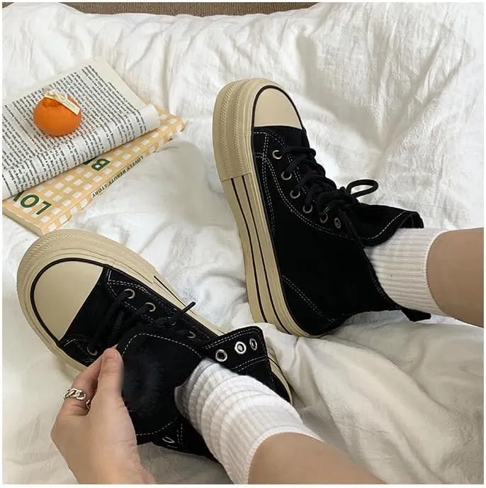 Women's Platform Canvas Shoes High Tops Lace Up Comfort Tennis Shoes Trendy Casual Platform Canvas Walking Shoes (Black,8.5)