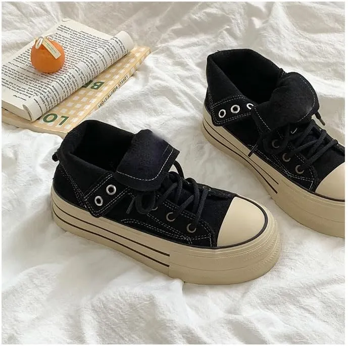 Women's Platform Canvas Shoes High Tops Lace Up Comfort Tennis Shoes Trendy Casual Platform Canvas Walking Shoes (Black,8.5)