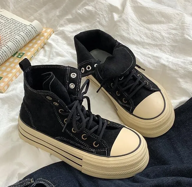 Women's Platform Canvas Shoes High Tops Lace Up Comfort Tennis Shoes Trendy Casual Platform Canvas Walking Shoes (Black,8.5)