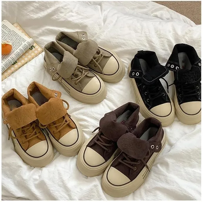 Women's Platform Canvas Shoes High Tops Lace Up Comfort Tennis Shoes Trendy Casual Platform Canvas Walking Shoes (Black,8.5)