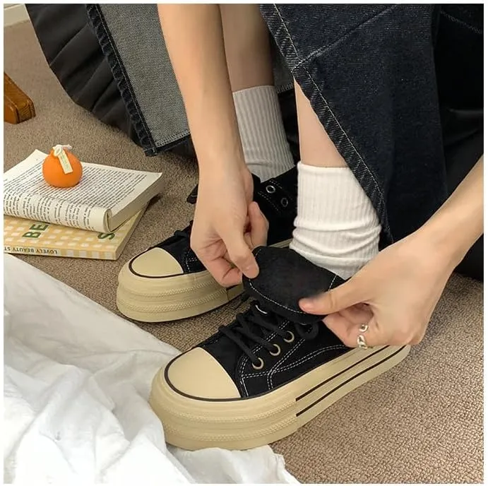 Women's Platform Canvas Shoes High Tops Lace Up Comfort Tennis Shoes Trendy Casual Platform Canvas Walking Shoes (Black,8.5)