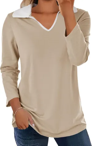 Womens Polo Shirts Fall Collared 3/4 Sleeve Tops Color Block Work Casual Blouses