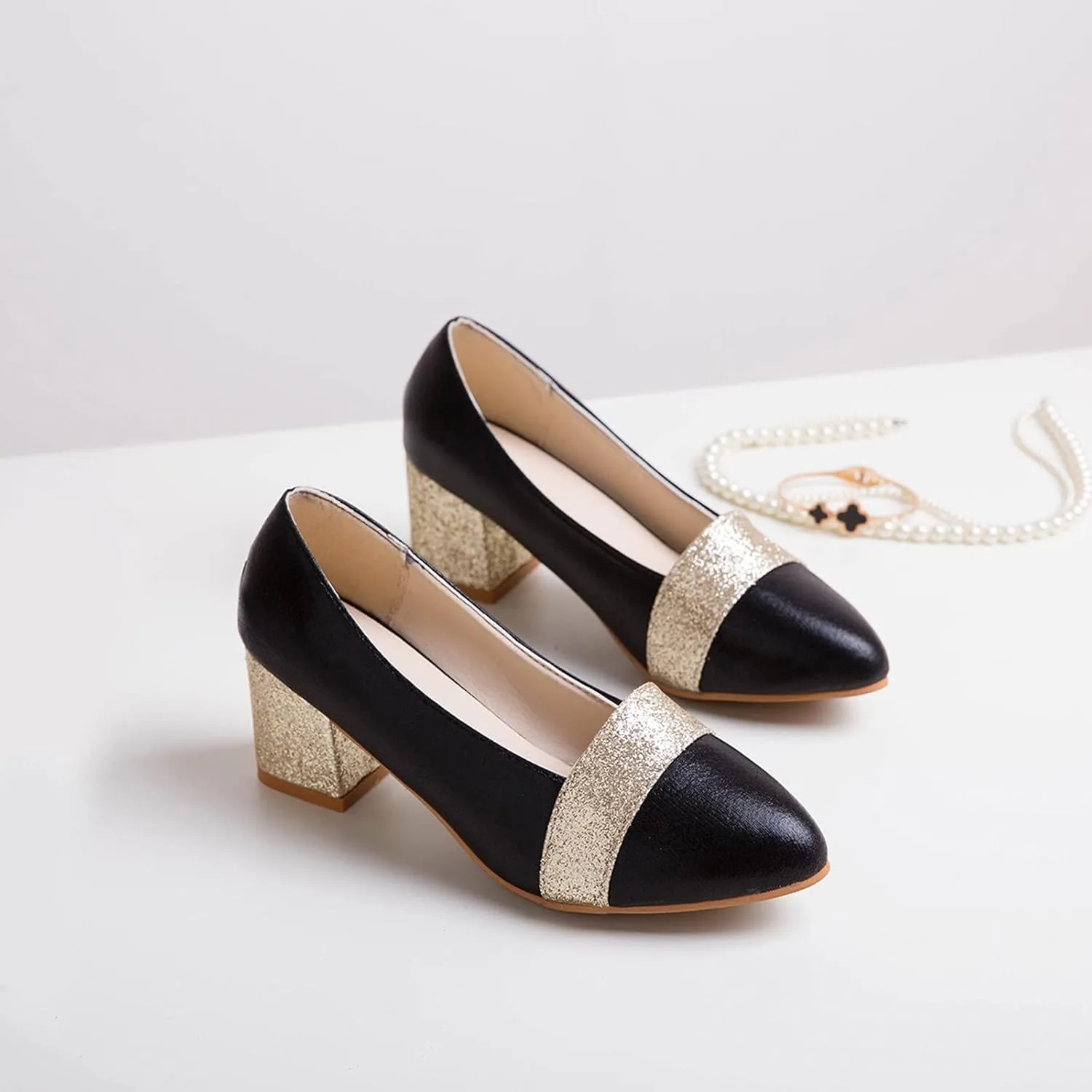 Women's Rhinestone Dress Shoes Chunky Wedding Pumps Closed Toe Heels Dressy Work Shoe Comfortable Business Shoes