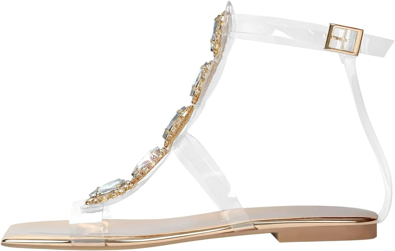 Women's Rhinestone Flat Sandals Clear Strap Crystal Gem Jeweled Bohemian Sandals