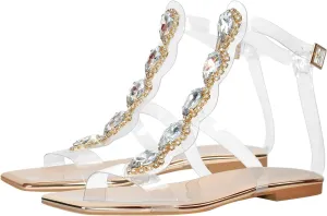 Women's Rhinestone Flat Sandals Clear Strap Crystal Gem Jeweled Bohemian Sandals