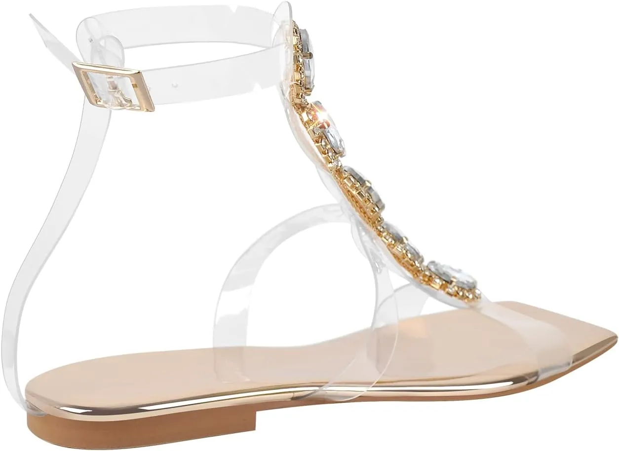Women's Rhinestone Flat Sandals Clear Strap Crystal Gem Jeweled Bohemian Sandals