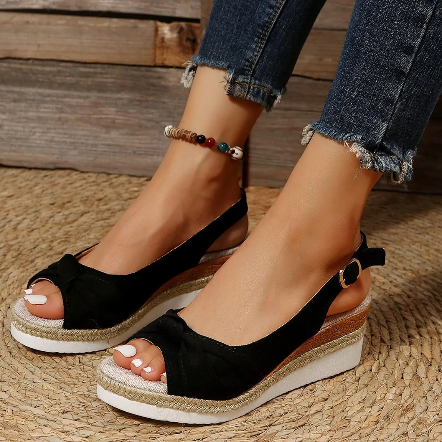 Womens Sandals Dressy Cute Bow Espadrille Sandals For Women Open Toe Buckle Wedge Sandals Women Dress Platform Sandal