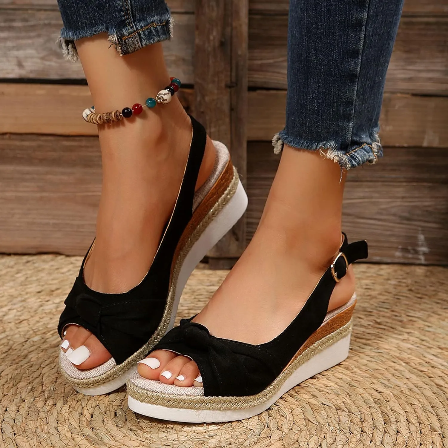 Womens Sandals Dressy Cute Bow Espadrille Sandals For Women Open Toe Buckle Wedge Sandals Women Dress Platform Sandal