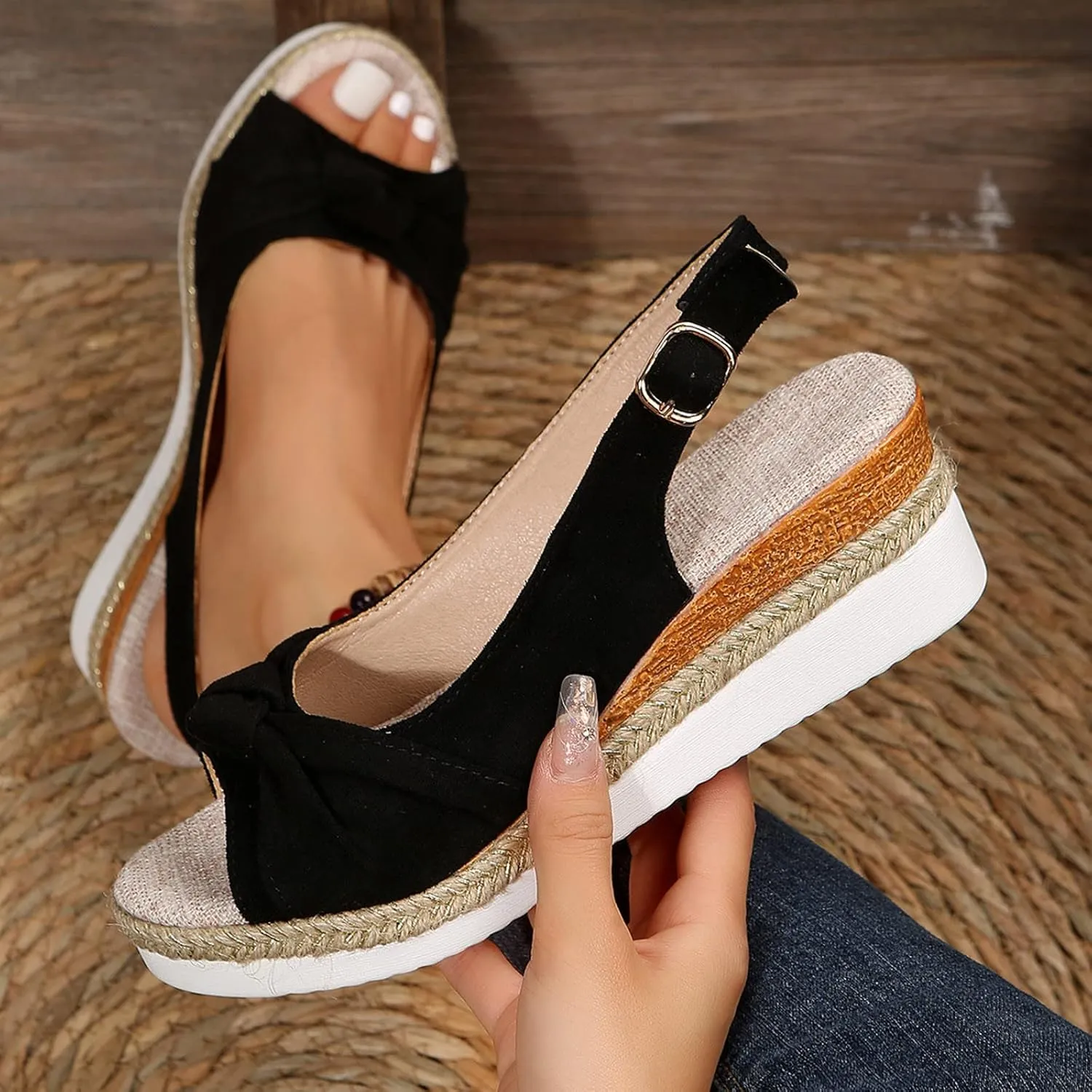 Womens Sandals Dressy Cute Bow Espadrille Sandals For Women Open Toe Buckle Wedge Sandals Women Dress Platform Sandal
