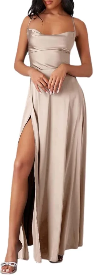 Women's Sexy Spaghetti Strap Dresses Prom Party Backless Sleeveless High Slit Maxi Dress Bodycon Cocktail Evening Gown Dress