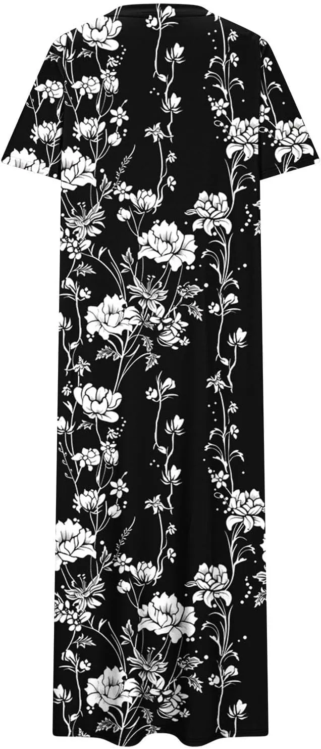 Womens Short Sleeve Casual Sun Dress Boho Floral Print Midi Dresses Comfy Trendy Split Beach Dresses