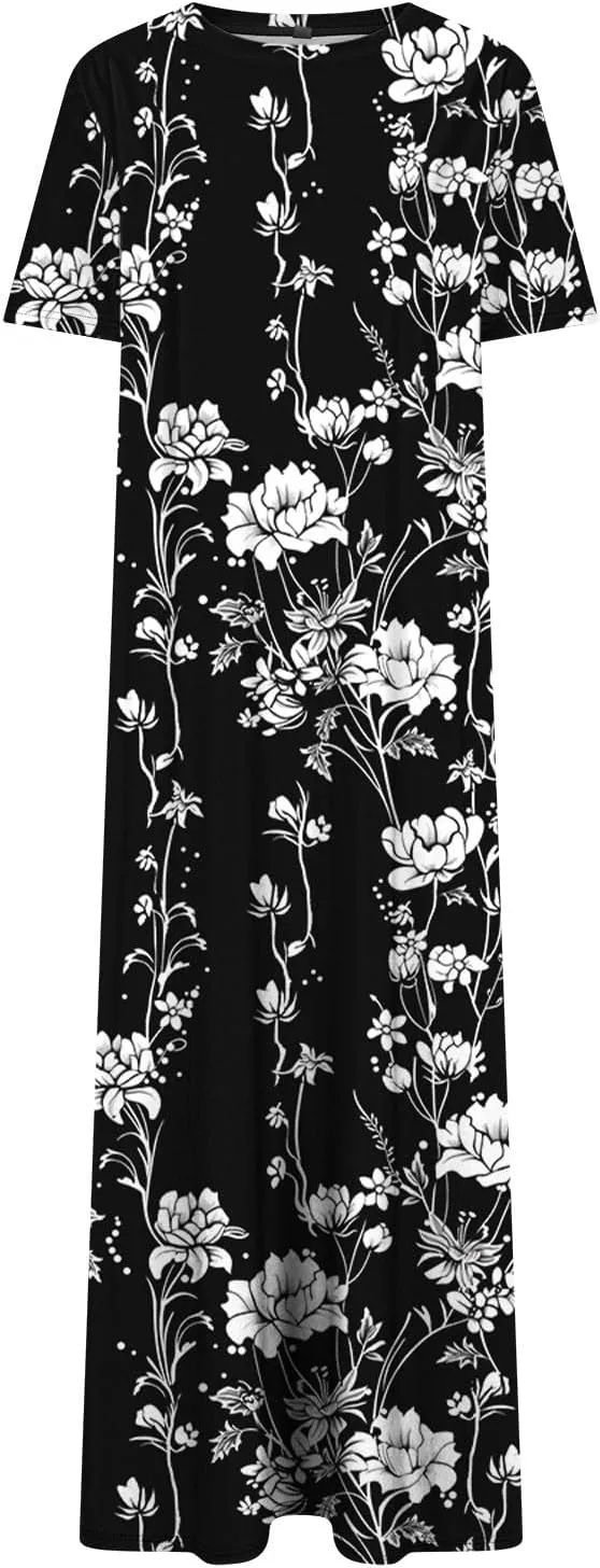Womens Short Sleeve Casual Sun Dress Boho Floral Print Midi Dresses Comfy Trendy Split Beach Dresses
