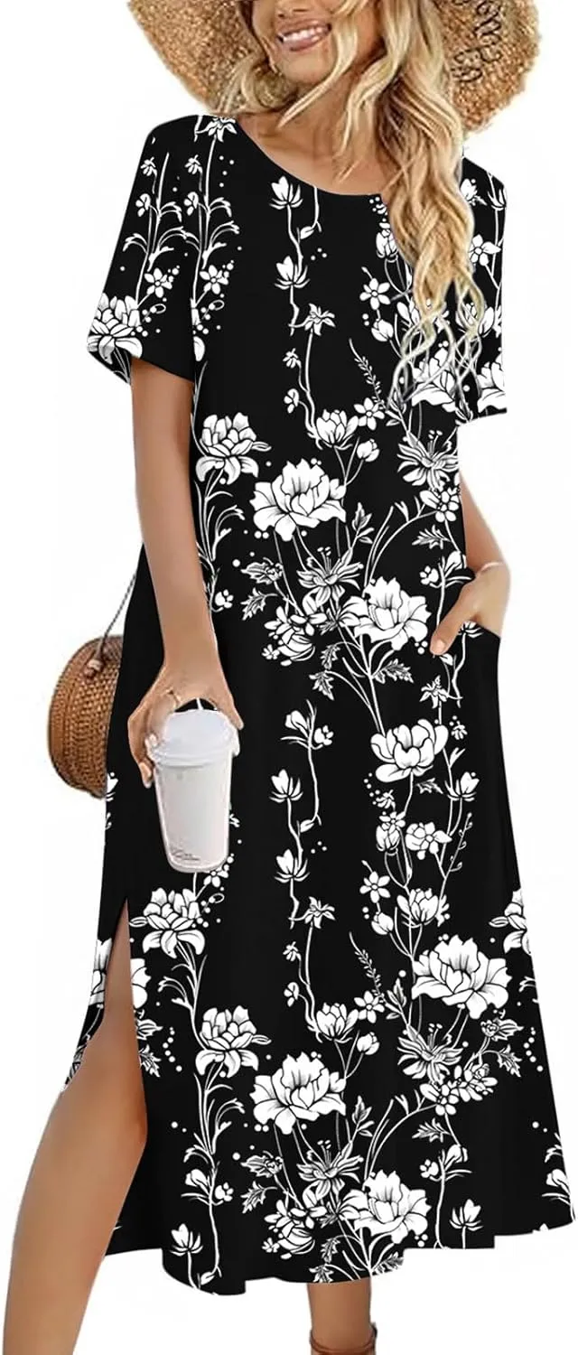 Womens Short Sleeve Casual Sun Dress Boho Floral Print Midi Dresses Comfy Trendy Split Beach Dresses