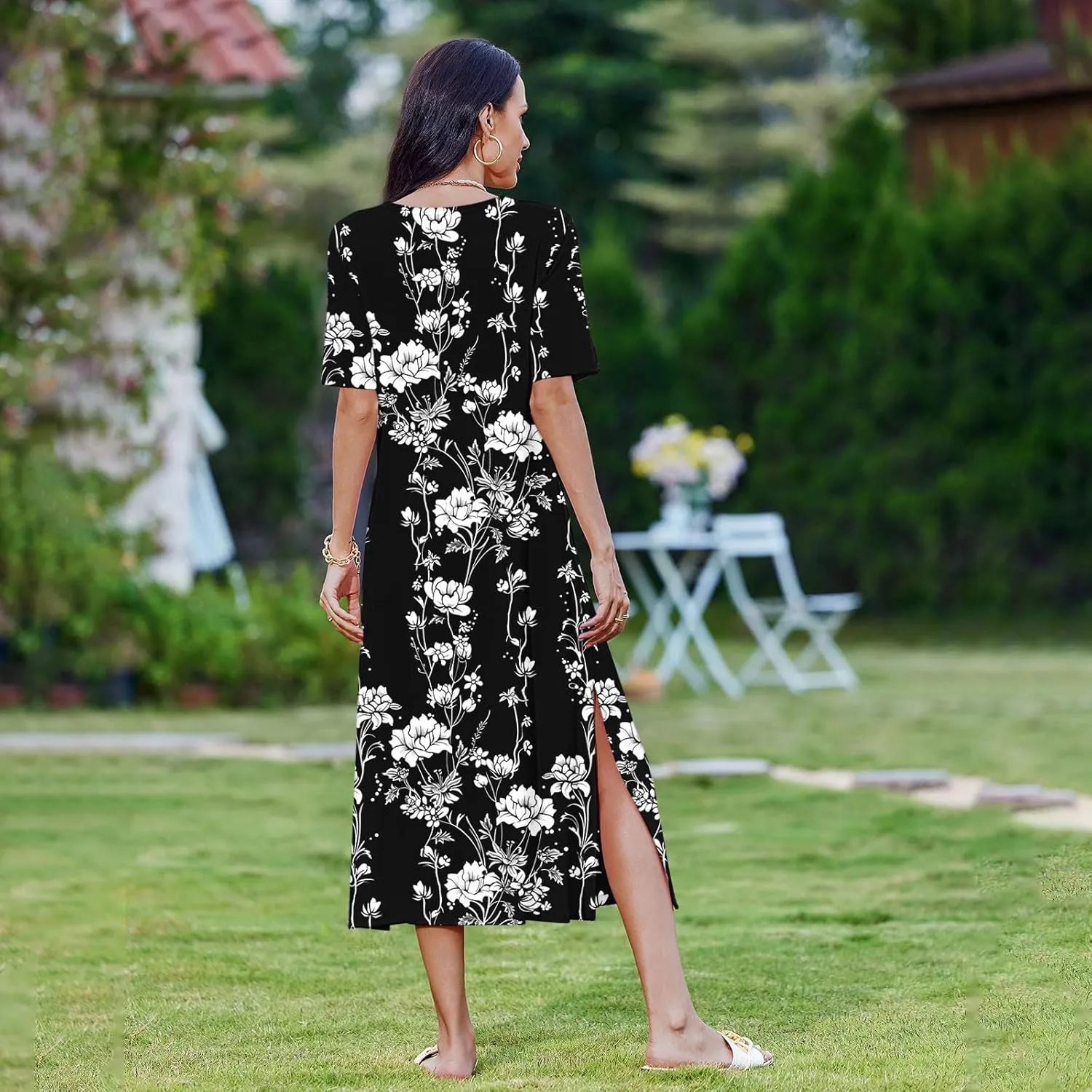 Womens Short Sleeve Casual Sun Dress Boho Floral Print Midi Dresses Comfy Trendy Split Beach Dresses